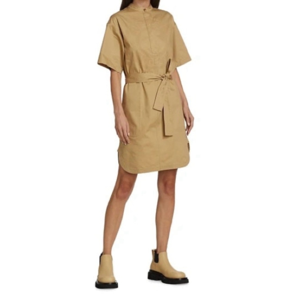 BURBERRY Abbie Smoke Stitch Cotton Twill Dress with Graphic Logo in Khaki Size 6 - Picture 2 of 7